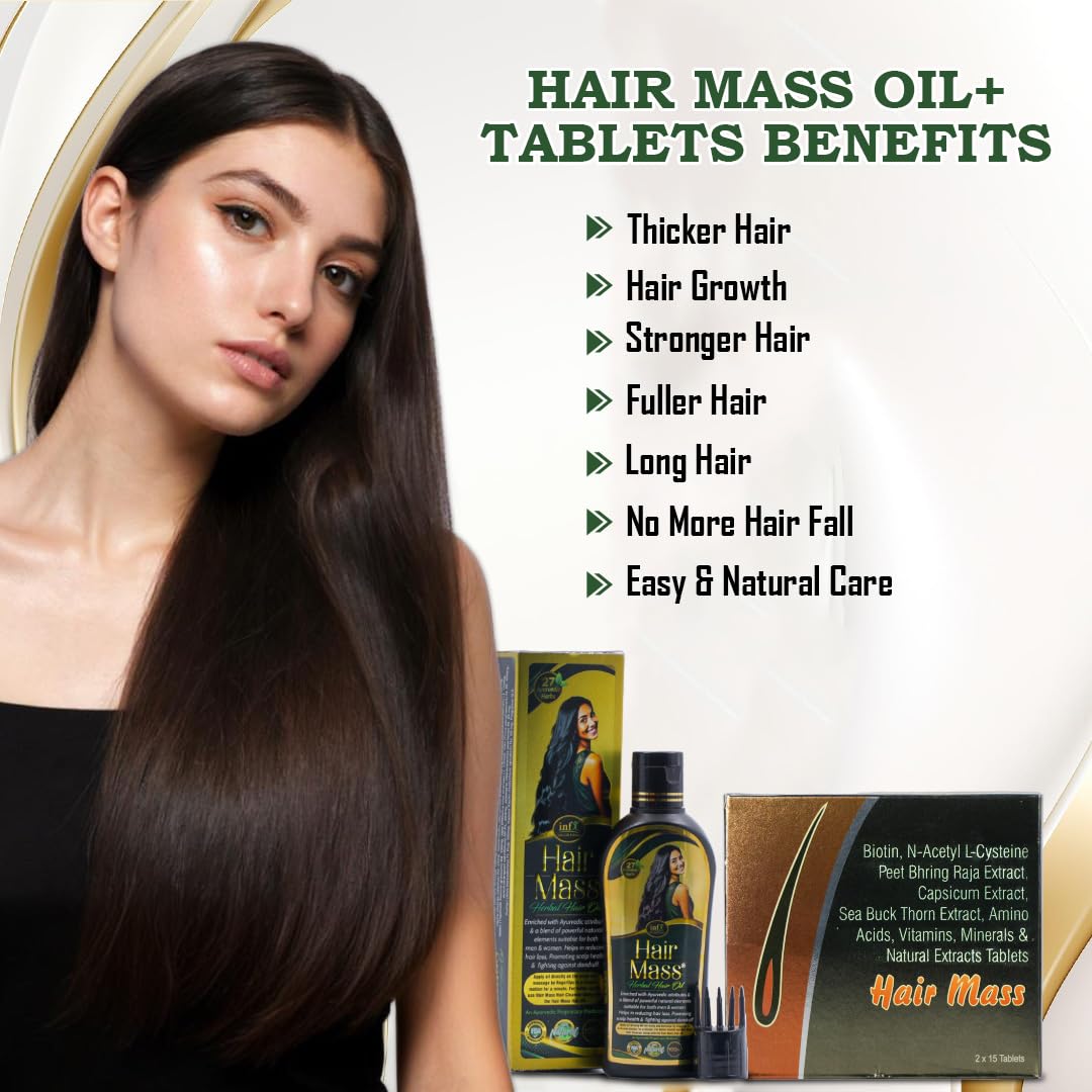 Combo for Hair Growth | 100% Ayurvedic Hair Oil 100ml & Nutraceutical 30 Hair Mass Tablets | Reduces Hair Fall, Strengthens Roots, Boosts Shine & Volume | Ayurvedic Herbs, Biotin & Essential Nutrients | 100% Vegan (2)