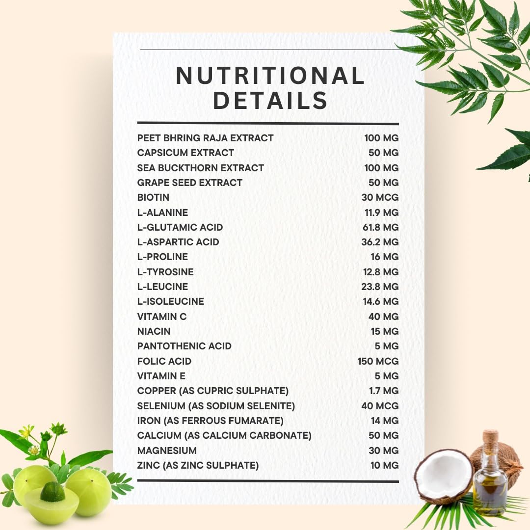 Tablets for Hair Growth & Strength | Nutraceutical Hair Supplement | Power of 34 Ingredients with Biotin, Peet Bhring Raja, Grape Seed Extract | Reduces Hair Fall, Boosts Shine, Nourishes Scalp | 30 Tablets| 100% Vegan (1)