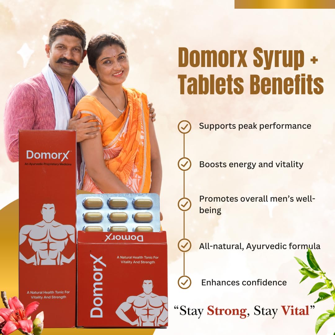 Vitality Combo for Men’s Wellness | 100% Ayurvedic Domorx Tonic 300ml & 30 Domorx Tablets with Shilajit, Ashwagandha, Safed Musali & Essential Herbs | 100% Vegan | Boosts Energy, Strength, Reproductive Health & Stress Resilience (1)