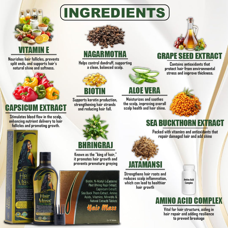 Combo for Hair Growth | 100% Ayurvedic Hair Oil 100ml & Nutraceutical 30 Hair Mass Tablets | Reduces Hair Fall, Strengthens Roots, Boosts Shine & Volume | Ayurvedic Herbs, Biotin & Essential Nutrients | 100% Vegan (2)