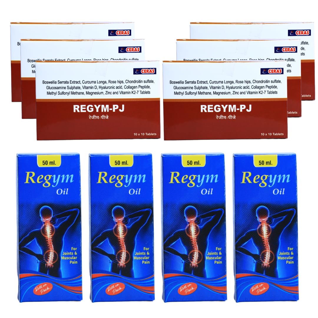 Combo Pack – Oil 100ML & Regym PJ Tablet 30 Tablets Ayurvedic, Joint & Bone Health Support | Glucosamine, Chondroitin, Boswellia-Infused Tablets & Roll-On Oil (1)
