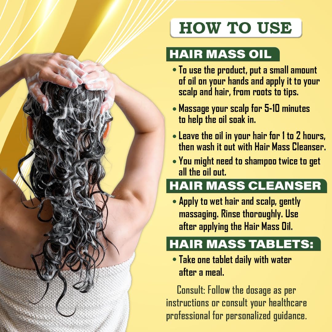 Complete Hair Care Combo Pack | Ayurvedic Hair Mass Oil 100ml, Cleanser/Shampoo 200ml & Hair Mass Tablets 30 | Power of Essential Ingredients such as Bhringraj, Neem & Biotin (1)