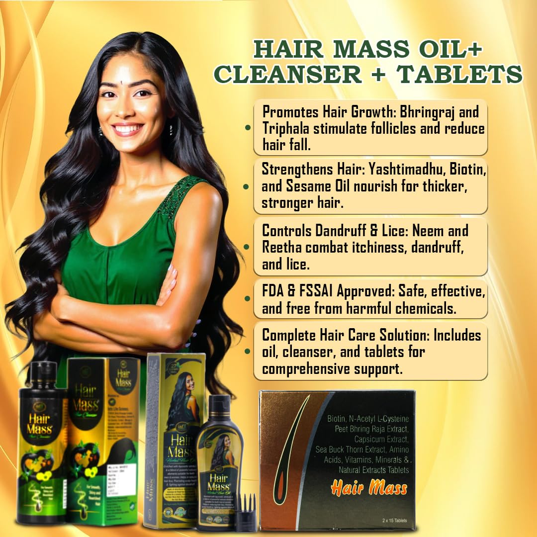 Complete Hair Care Combo Pack | Ayurvedic Hair Mass Oil 100ml, Cleanser/Shampoo 200ml & Hair Mass Tablets 30 | Power of Essential Ingredients such as Bhringraj, Neem & Biotin (1)