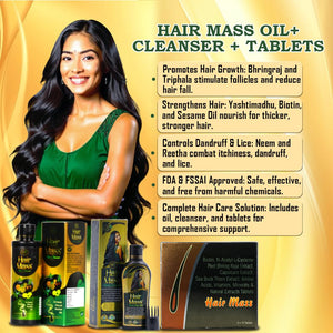 Complete Hair Care Combo Pack | Ayurvedic Hair Mass Oil 100ml, Cleanser/Shampoo 200ml & Hair Mass Tablets 30 | Power of Essential Ingredients such as Bhringraj, Neem & Biotin (1)
