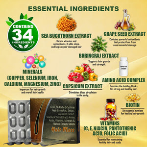 Tablets for Hair Growth & Strength | Nutraceutical Hair Supplement | Power of 34 Ingredients with Biotin, Peet Bhring Raja, Grape Seed Extract | Reduces Hair Fall, Boosts Shine, Nourishes Scalp | 30 Tablets| 100% Vegan (1)