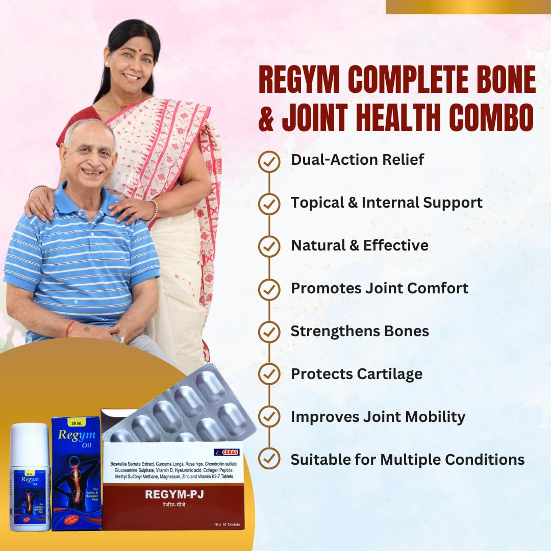 Combo Pack – Oil 100ML & Regym PJ Tablet 30 Tablets Ayurvedic, Joint & Bone Health Support | Glucosamine, Chondroitin, Boswellia-Infused Tablets & Roll-On Oil (1)