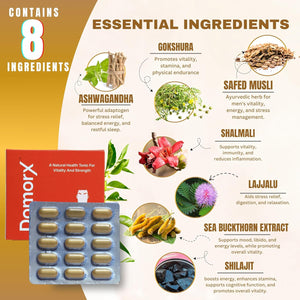 Ayurvedic Men's Supplement | Domorx Tablets | Energy, Stamina & Vitality |Safed Musali 250 mg | Shilajit 25 mg | Ashwagandha 250 mg | 30 Tablets