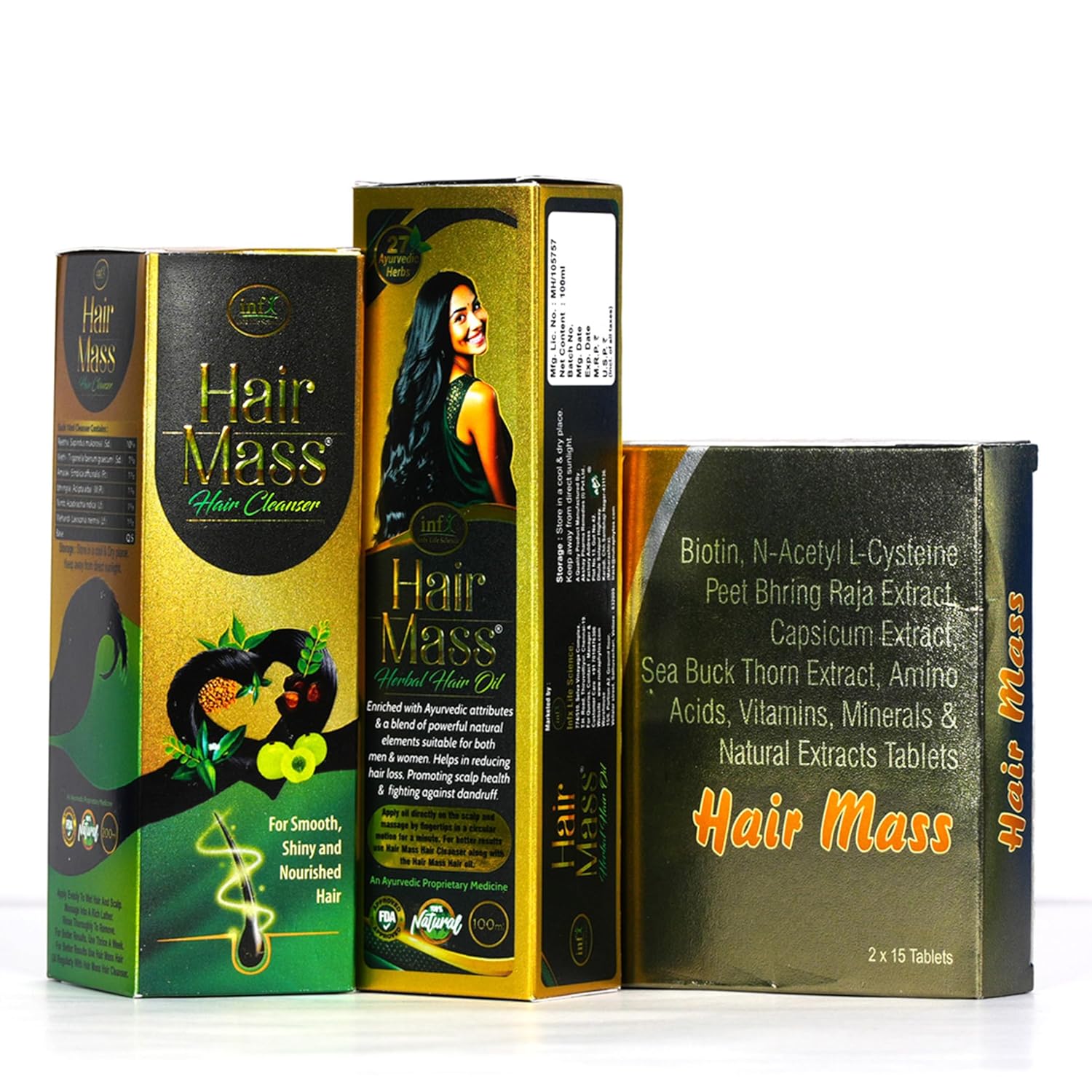 Complete Hair Care Combo Pack | Ayurvedic Hair Mass Oil 100ml, Cleanser/Shampoo 200ml & Hair Mass Tablets 30 | Power of Essential Ingredients such as Bhringraj, Neem & Biotin (1)