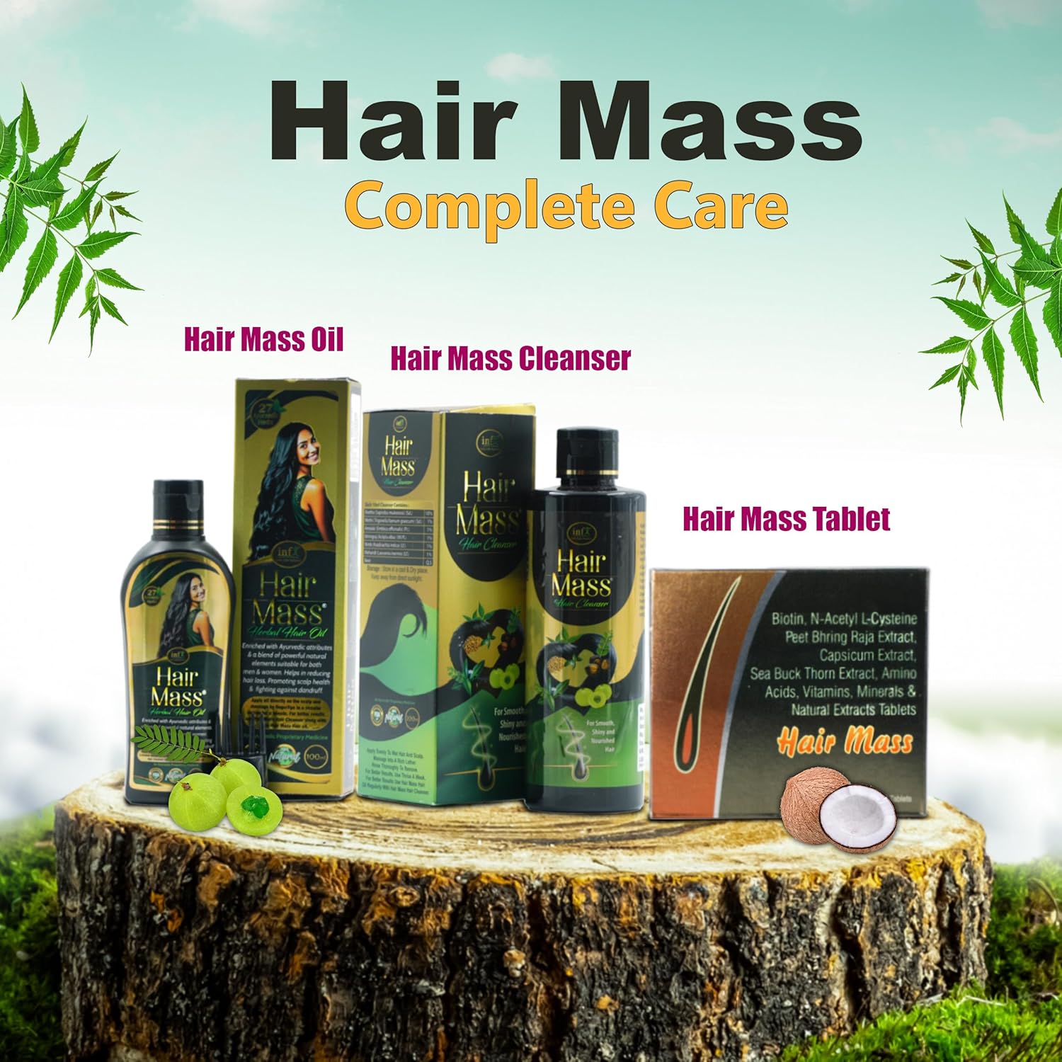 Complete Hair Care Combo Pack | Ayurvedic Hair Mass Oil 100ml, Cleanser/Shampoo 200ml & Hair Mass Tablets 30 | Power of Essential Ingredients such as Bhringraj, Neem & Biotin (1)