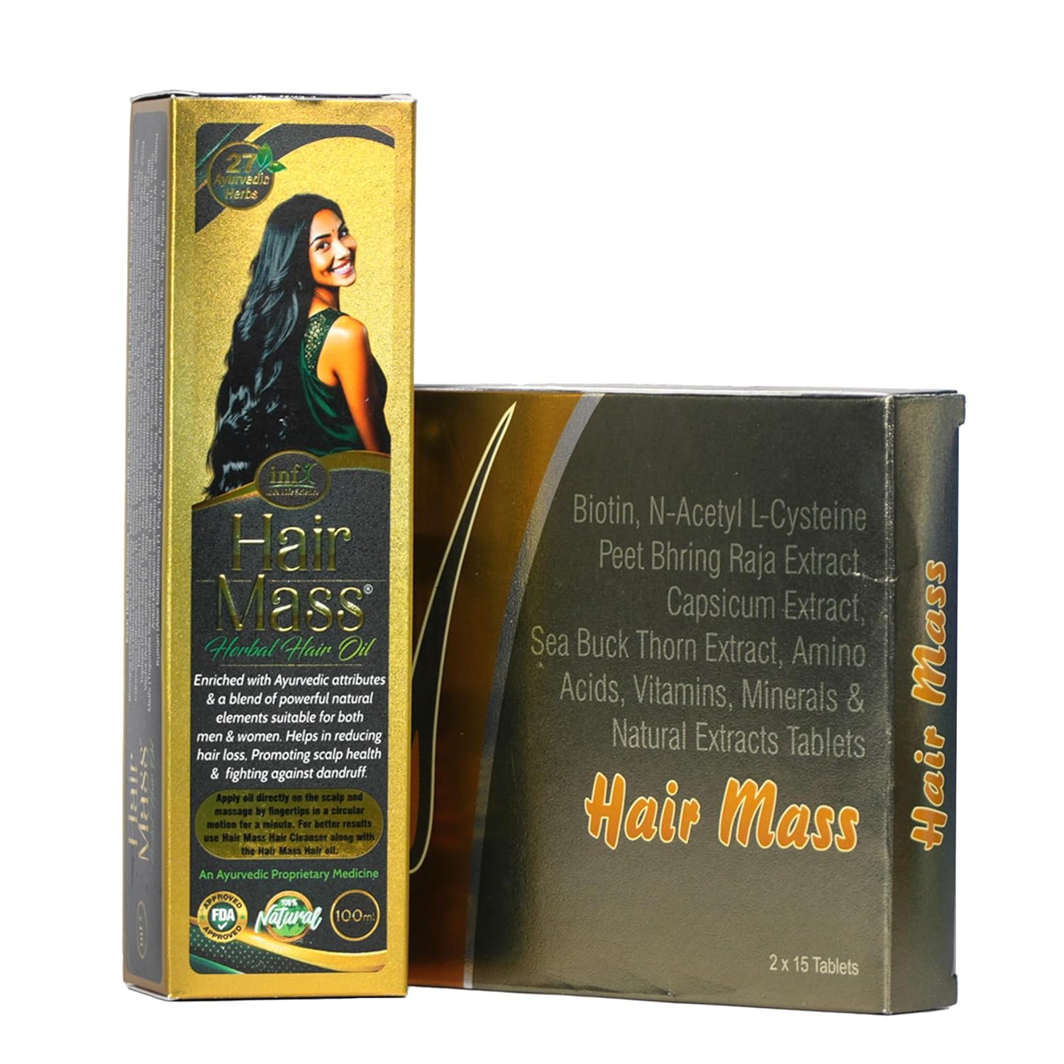 Combo for Hair Growth | 100% Ayurvedic Hair Oil 100ml & Nutraceutical 30 Hair Mass Tablets | Reduces Hair Fall, Strengthens Roots, Boosts Shine & Volume | Ayurvedic Herbs, Biotin & Essential Nutrients | 100% Vegan (2)